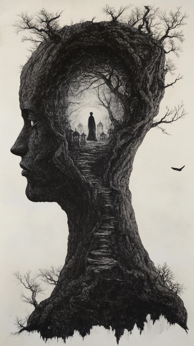 Silhouette d’un arbre massif formant le profil d’un visage humain
