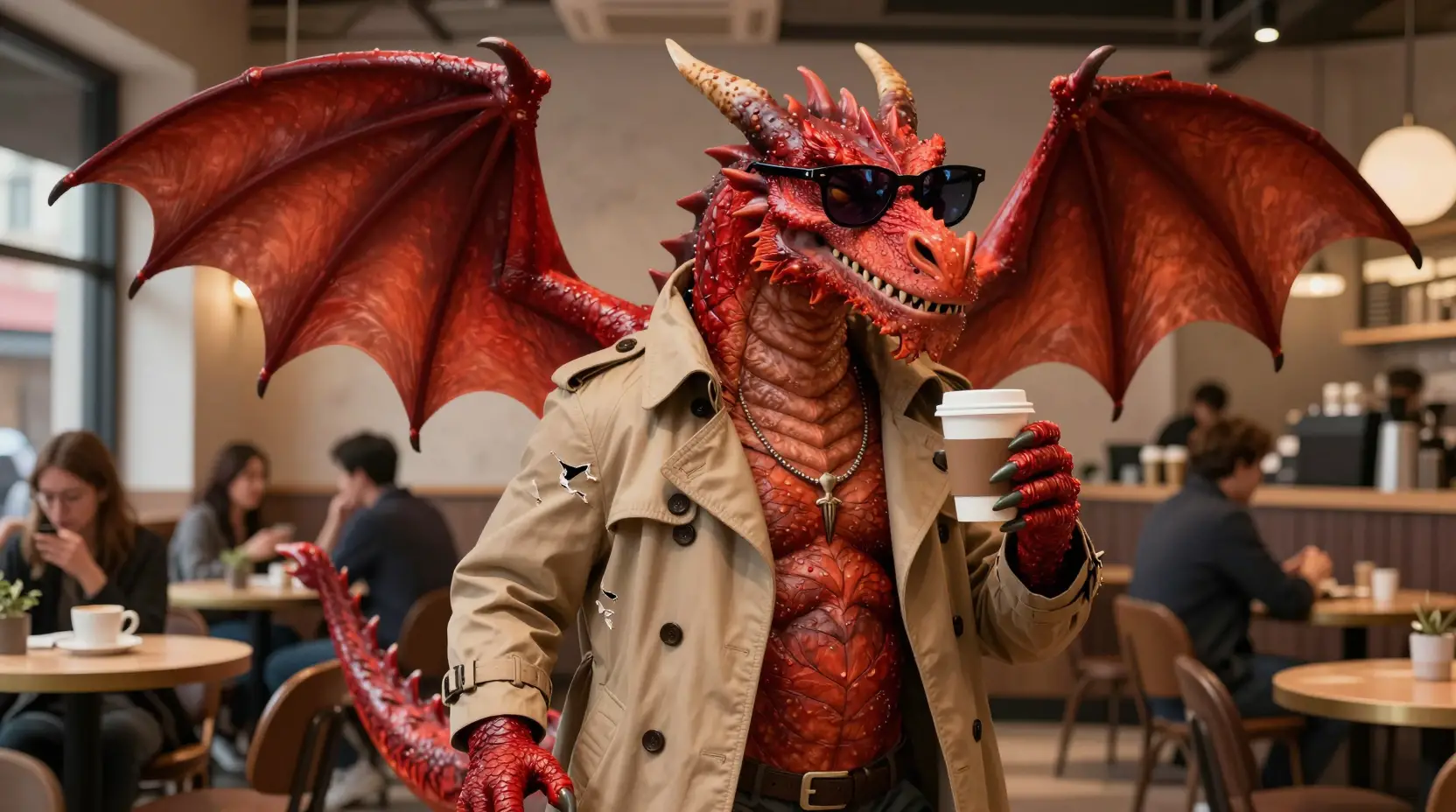 Roter Drache inkognito in einem belebten modernen Café