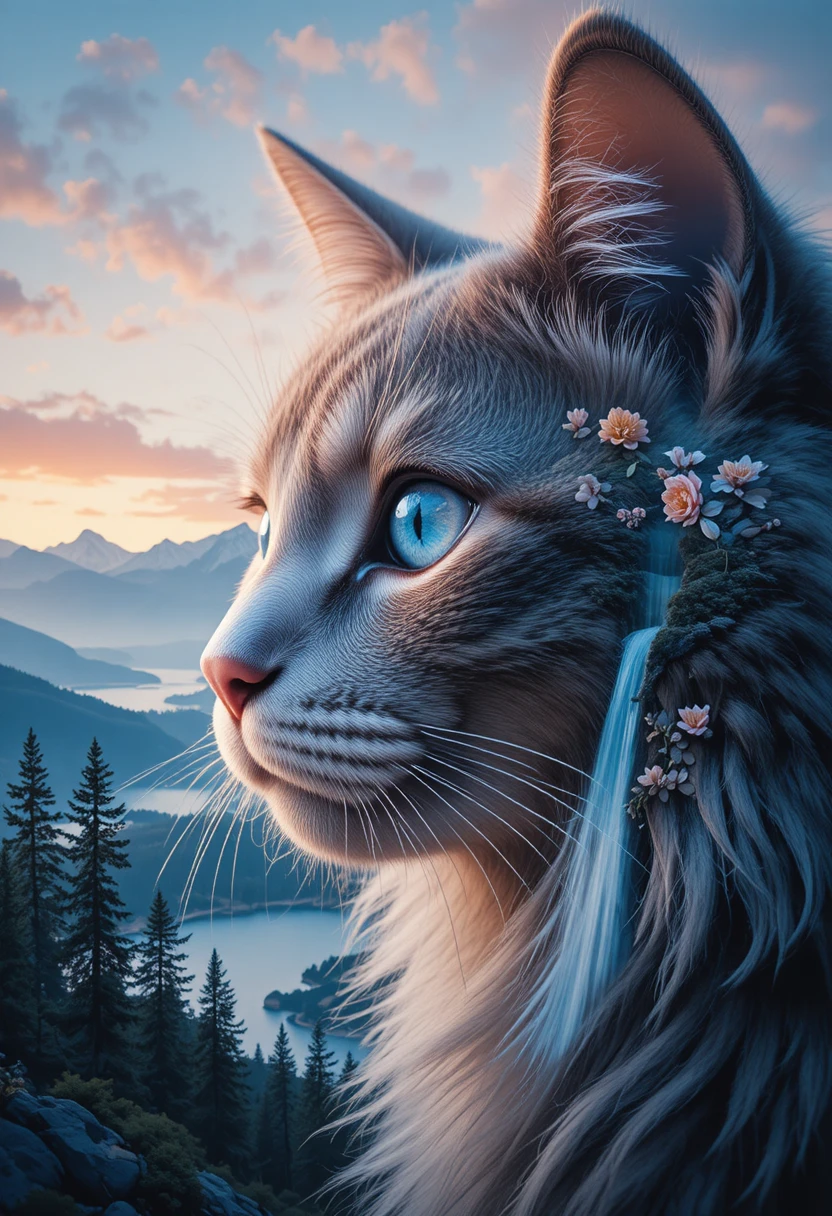Doppelbelichtetes Porträt einer Katze mit Berglandschaft