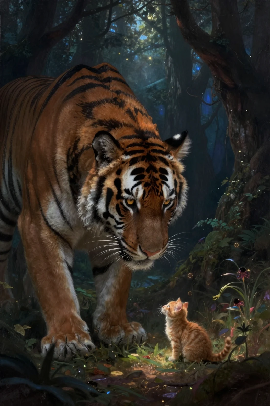Tigre et chaton dans une clairière mystique de forêt au crépuscule