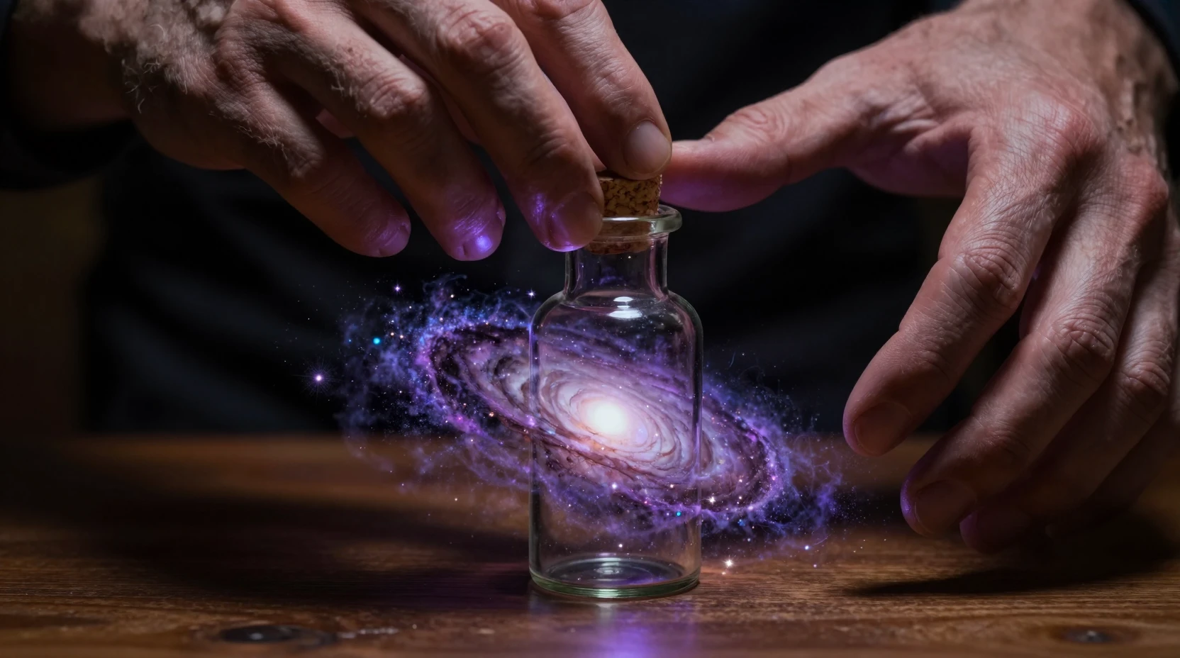Galáxia espiral em miniatura selada dentro de uma garrafa de vidro