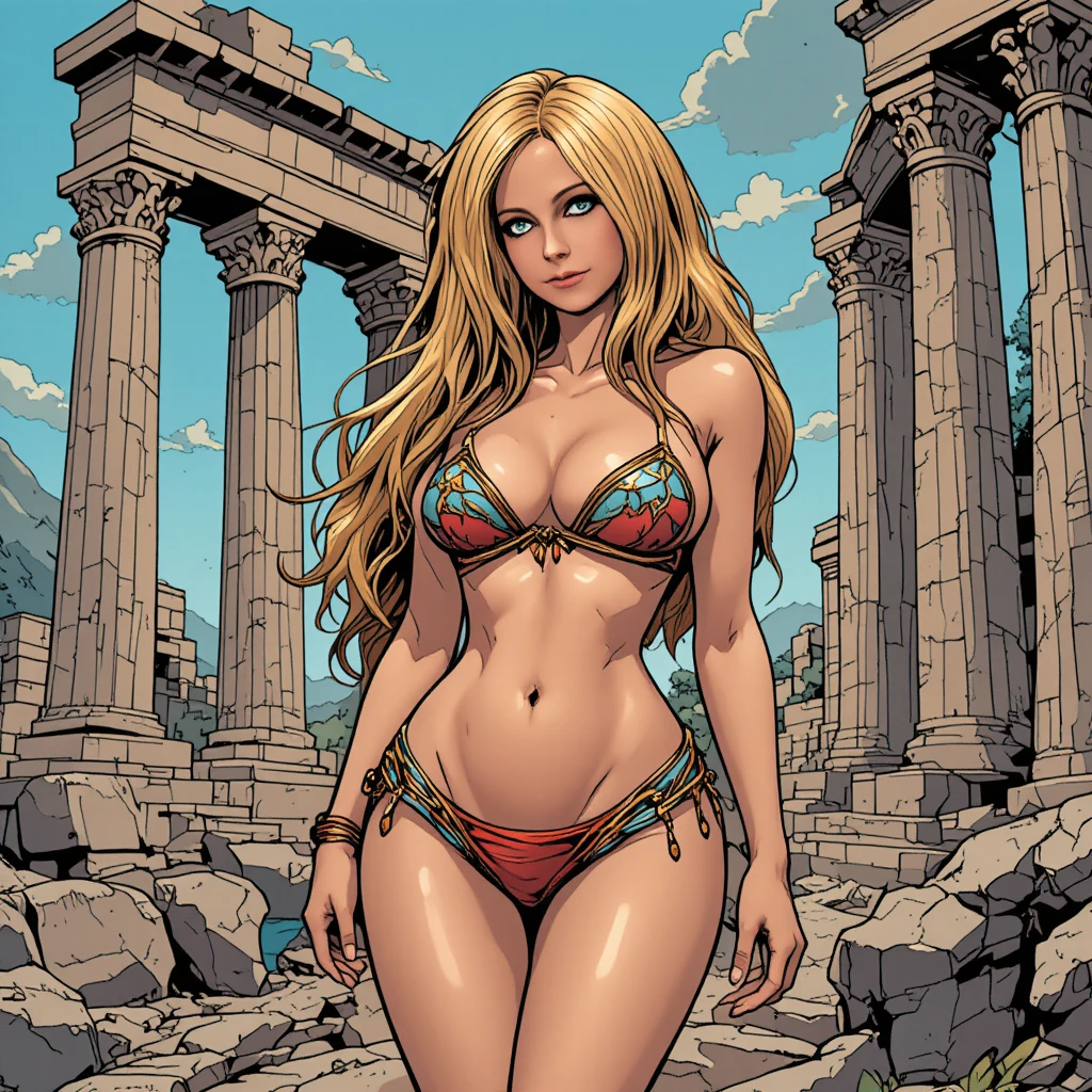Donna formosa in bikini che posa tra antiche rovine greche