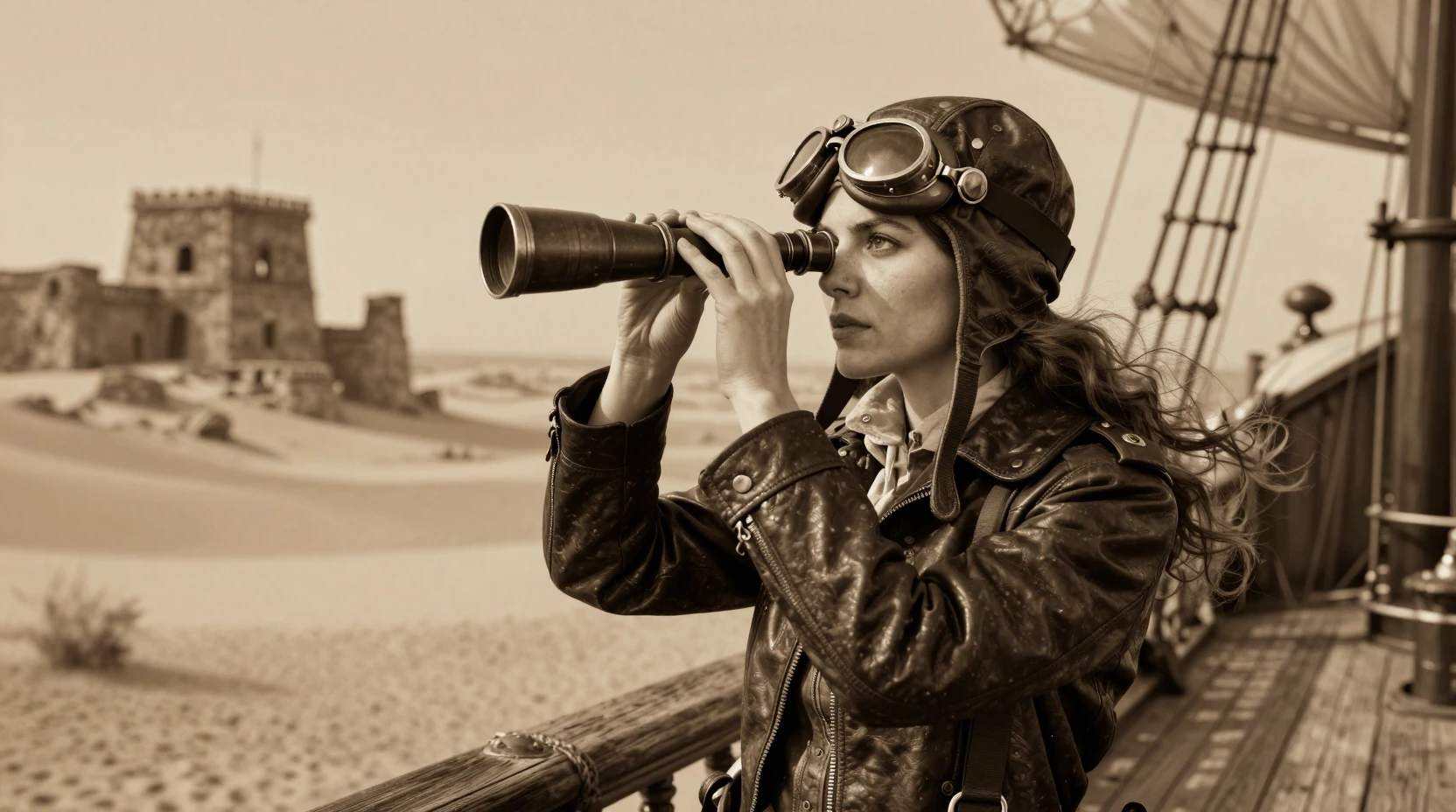 Exploradora vintage em convés de aeronave steampunk em tons de sépia