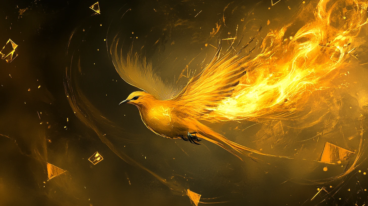 Uccello mitico che si dissolve in forme di fiamme luminose e fluide
