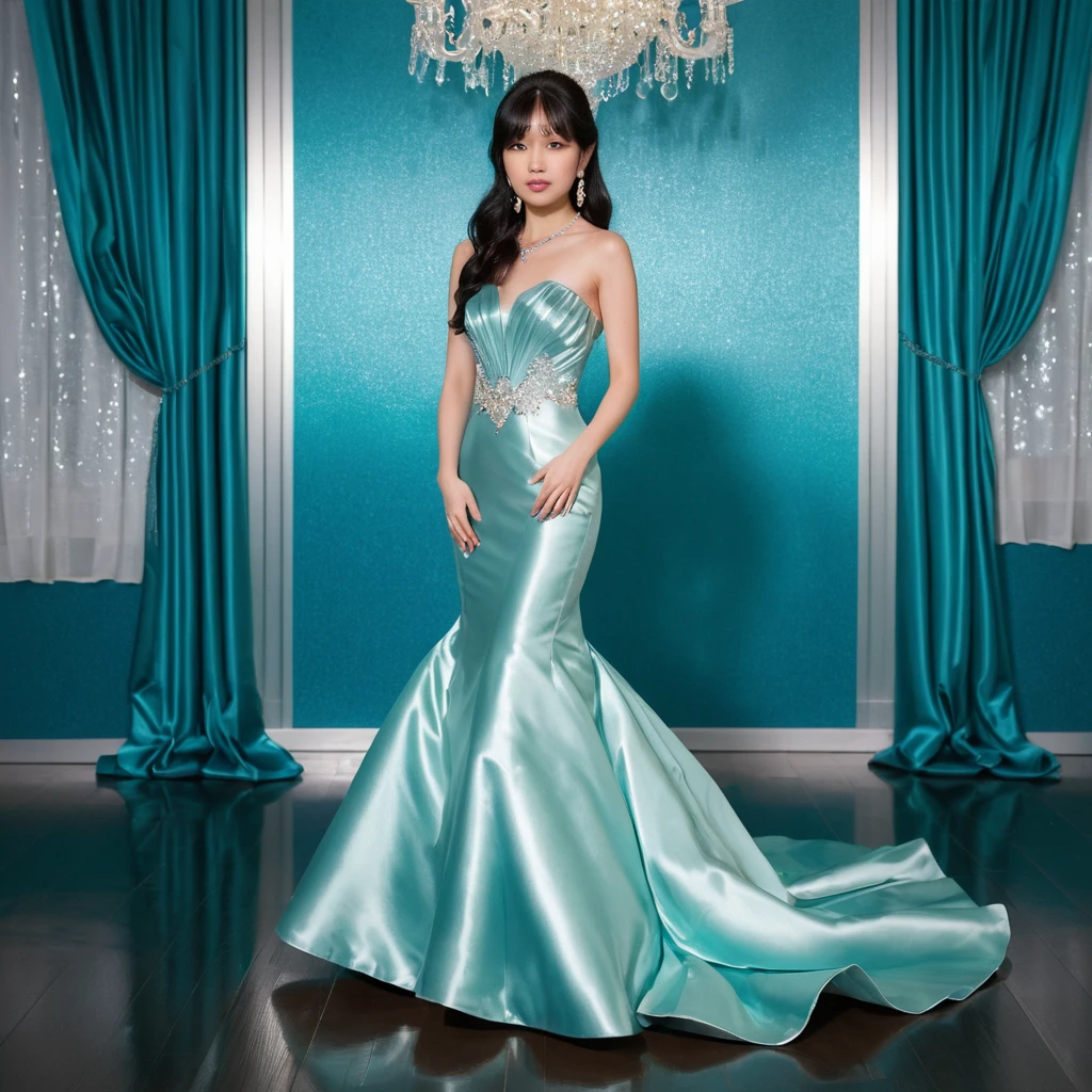 Jovem japonesa elegante em vestido de baile sereia de cetim turquesa brilhante