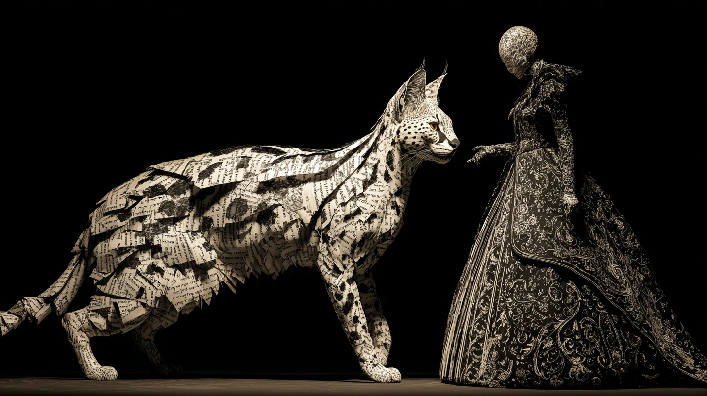 Servalkatze aus Tinte und Seiten neben einer gotischen Figur