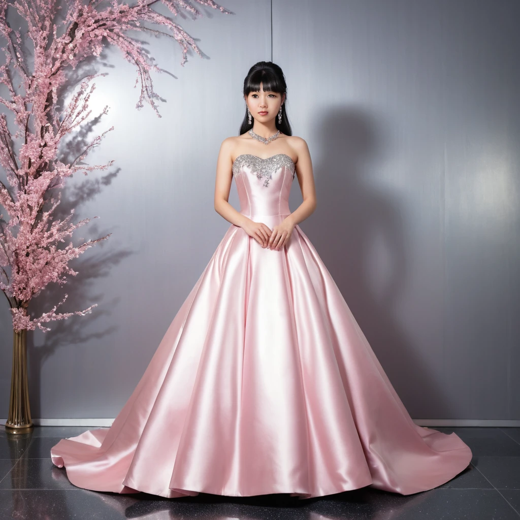 Jovem mulher em vestido de cetim rosa em salão de casamento
