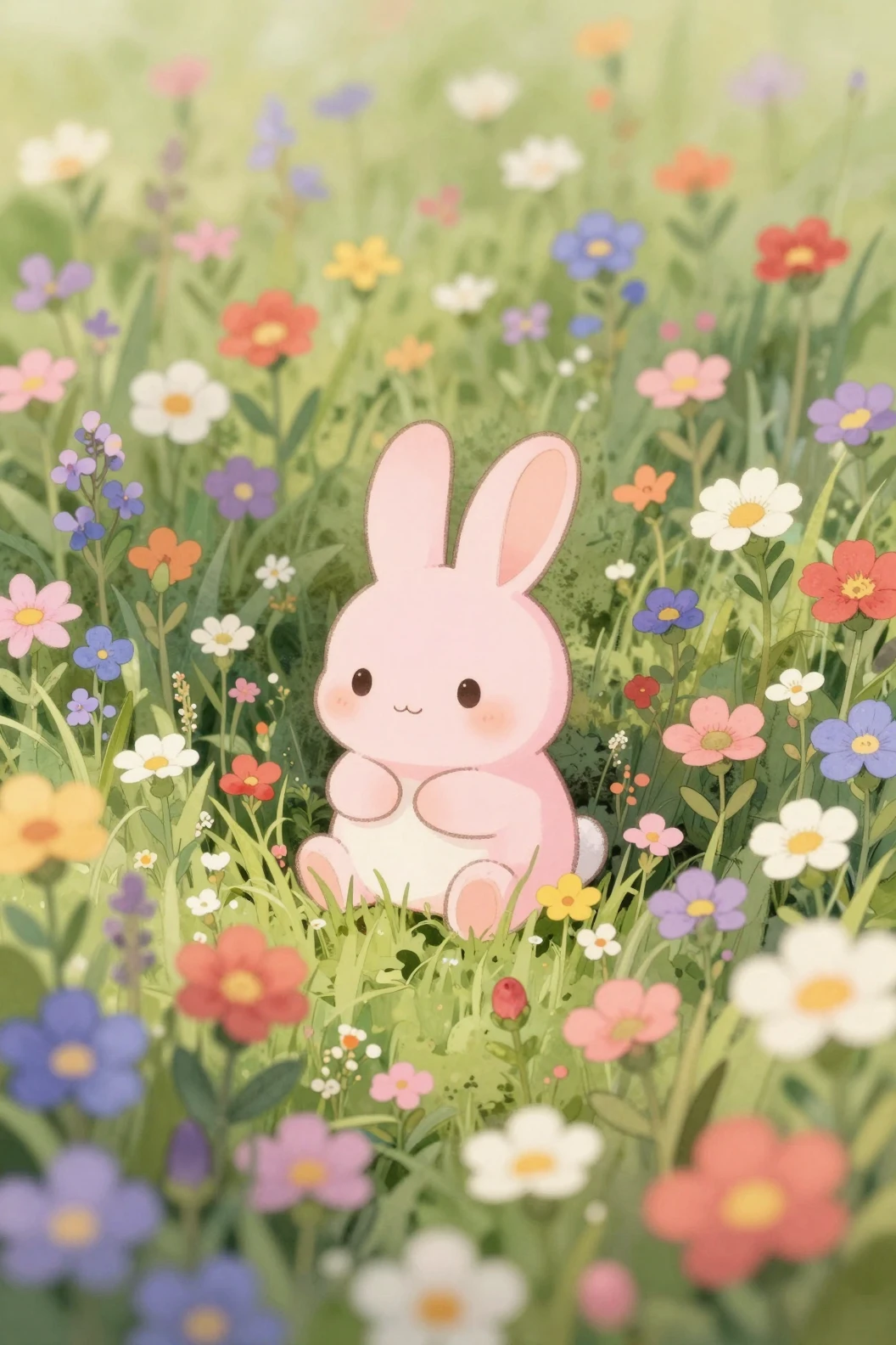 Adorável coelhinho rosa entre densas flores silvestres em aquarela