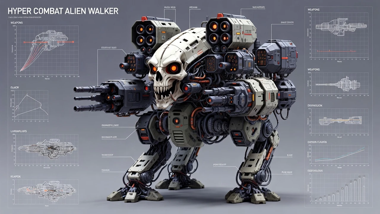 Diagrama de engenharia 3D de um andador alienígena de hiper combate