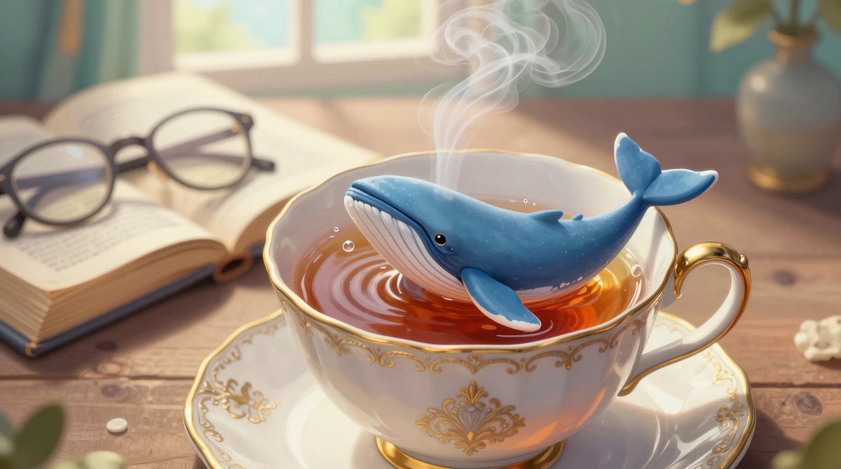 Minúscula baleia‑azul nadando dentro de uma xícara de porcelana