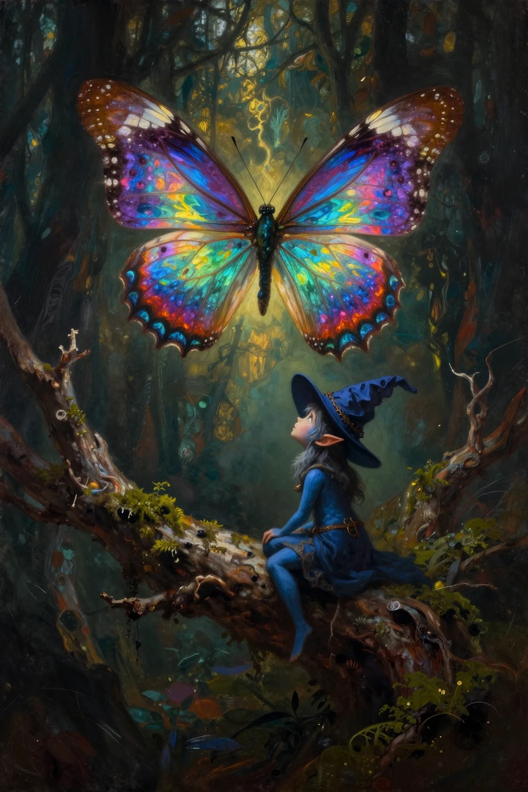 Minuscule elfe bleu observant un papillon lumineux dans la forêt