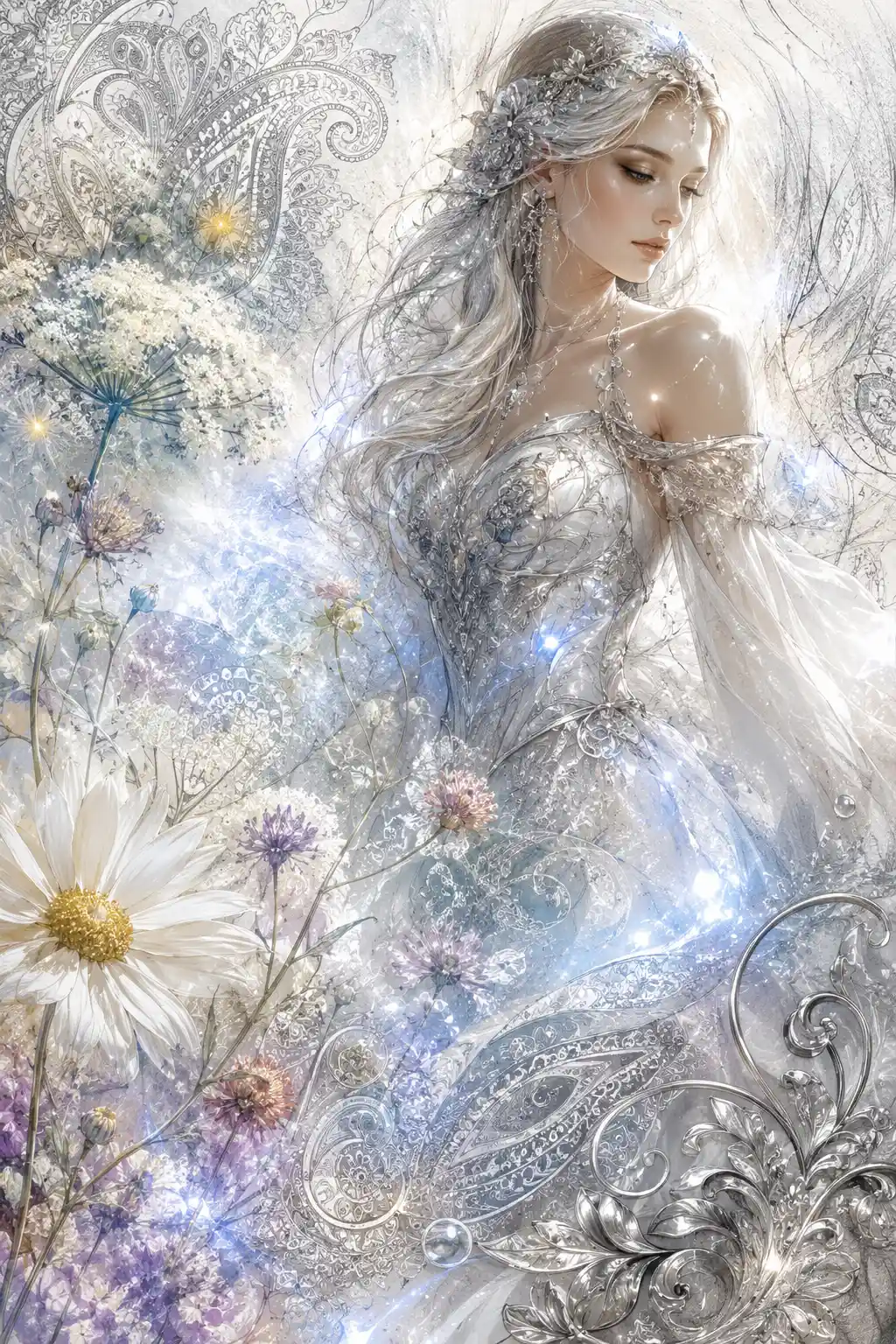 Close up fantasy flower meadow with luminous white lady