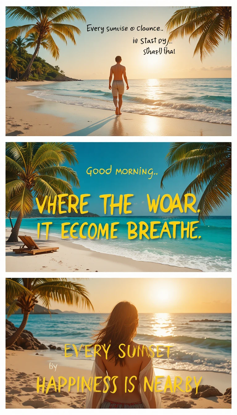 Donna che cammina all’alba lungo una spiaggia tropicale