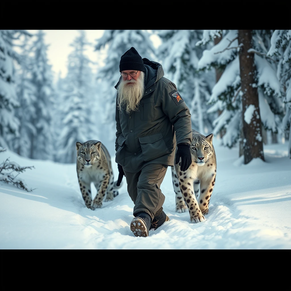 Idoso socorrista ártico caminhando ao lado de um leopardo-das-neves