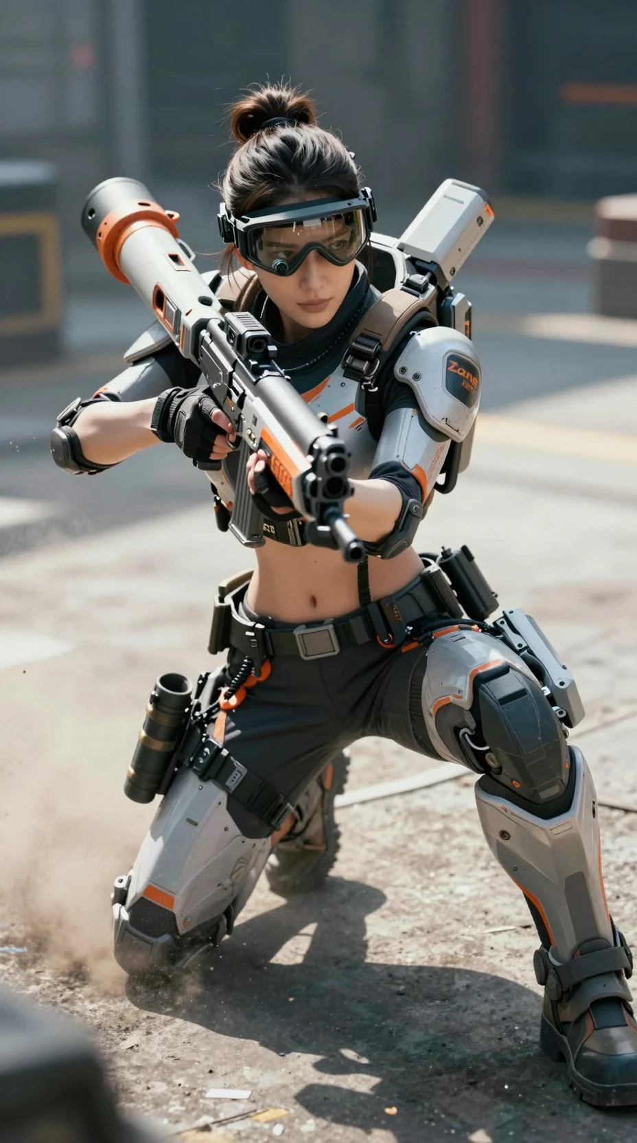 Soldado cyberpunk mulher mira morteiro com exoesqueleto na cidade