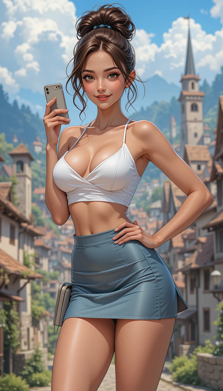 Gebräuntes Anime-Mädchen mit Handy in mittelalterlicher Altstadt
