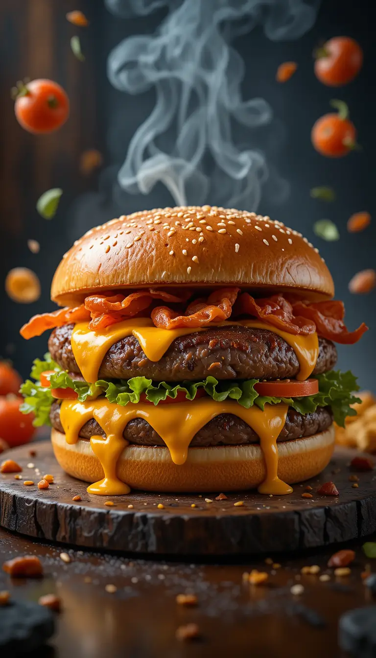 Gourmet-Cheeseburger mit Bacon und frischen Toppings