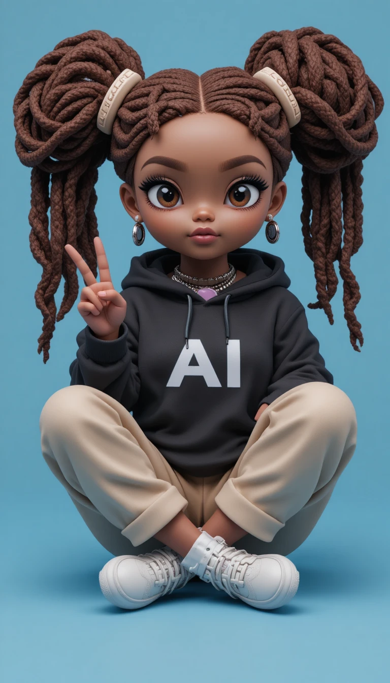 Personagem de brinquedo 3D de menina fazendo sinal de paz