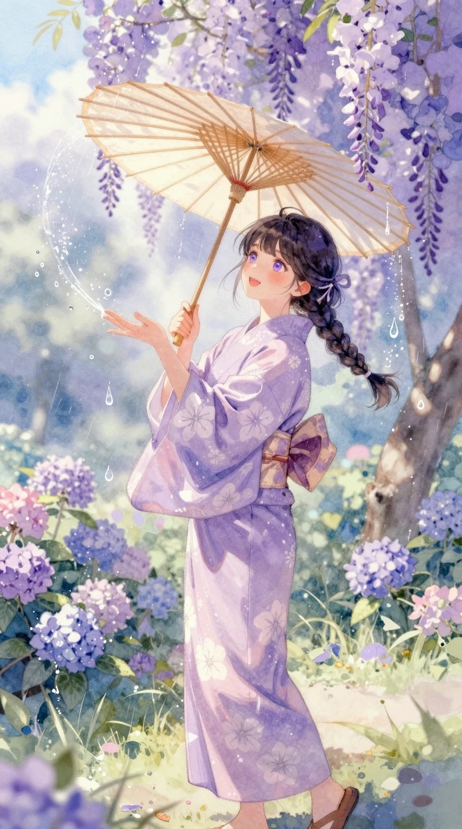 Fille anime aquarelle avec parapluie dans un jardin fleuri