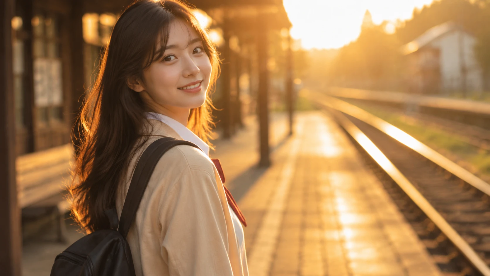 Jovem japonesa sorrindo na plataforma de trem ao pôr do sol
