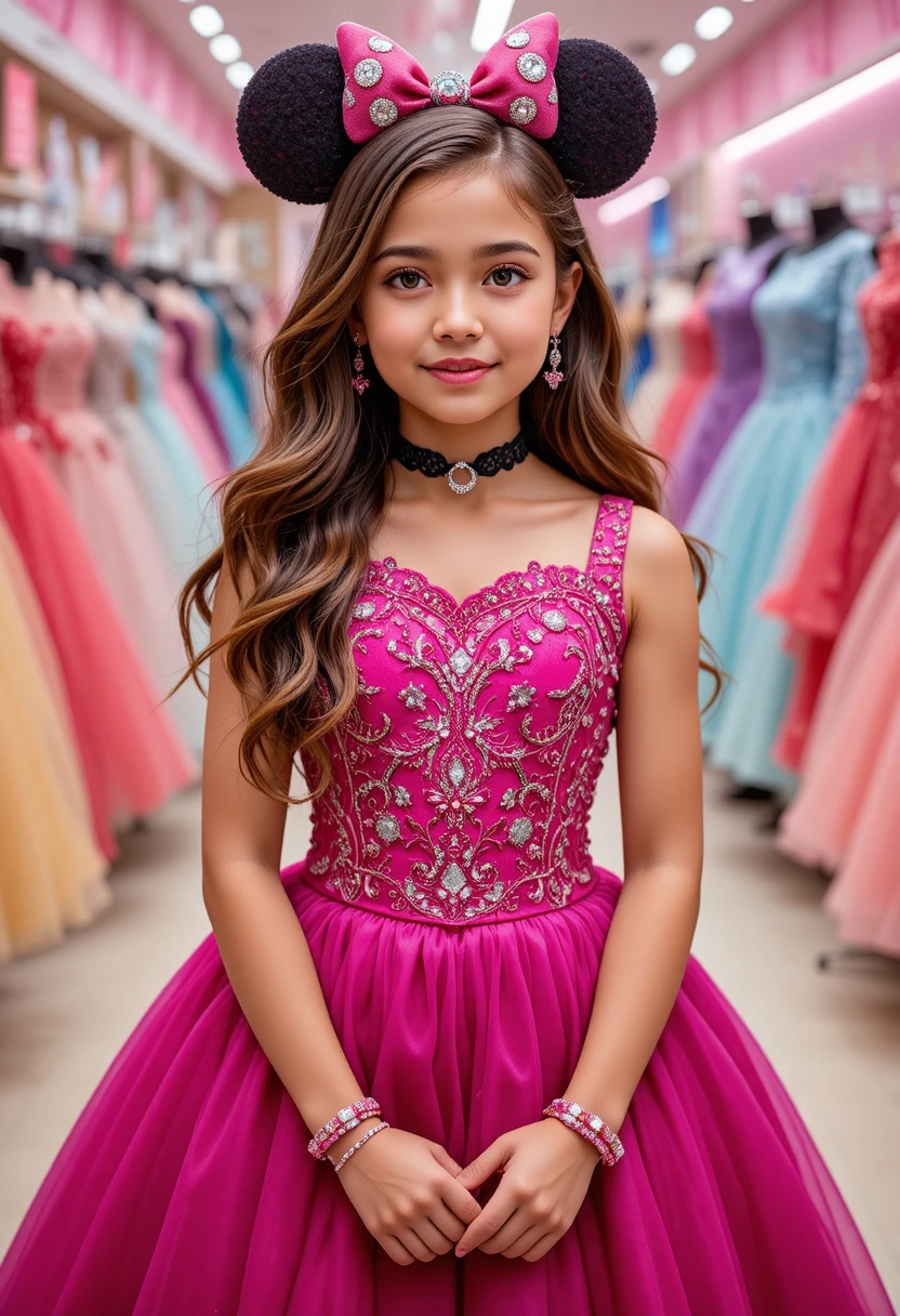 Menina jovem com vestido rosa da Minnie em boutique de vestidos