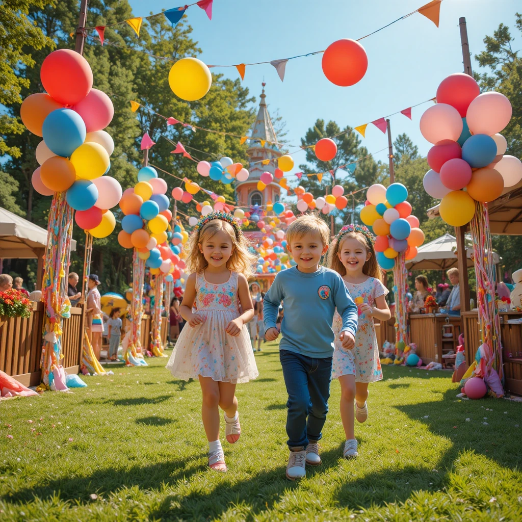 Des enfants souriants courent vers une fête colorée dans un parc