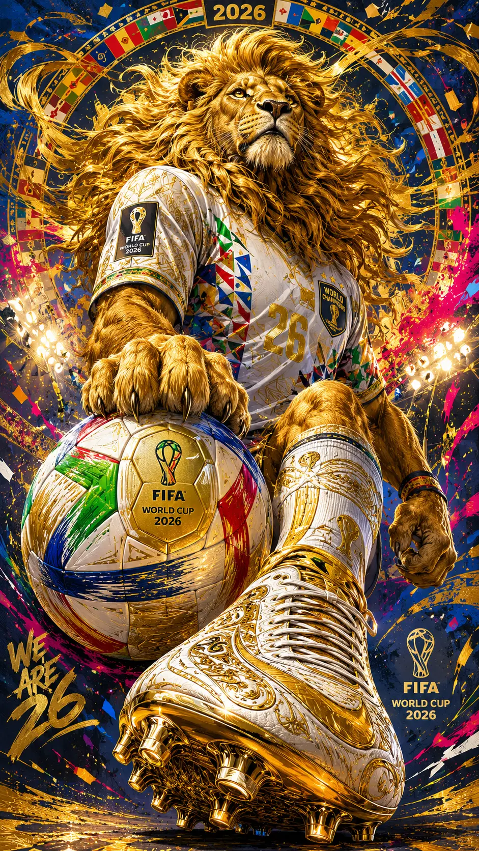 動態低角度視角的金色獅子足球圖示插畫