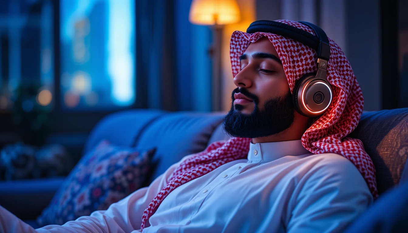 Hombre con thobe blanco relajándose con auriculares de noche