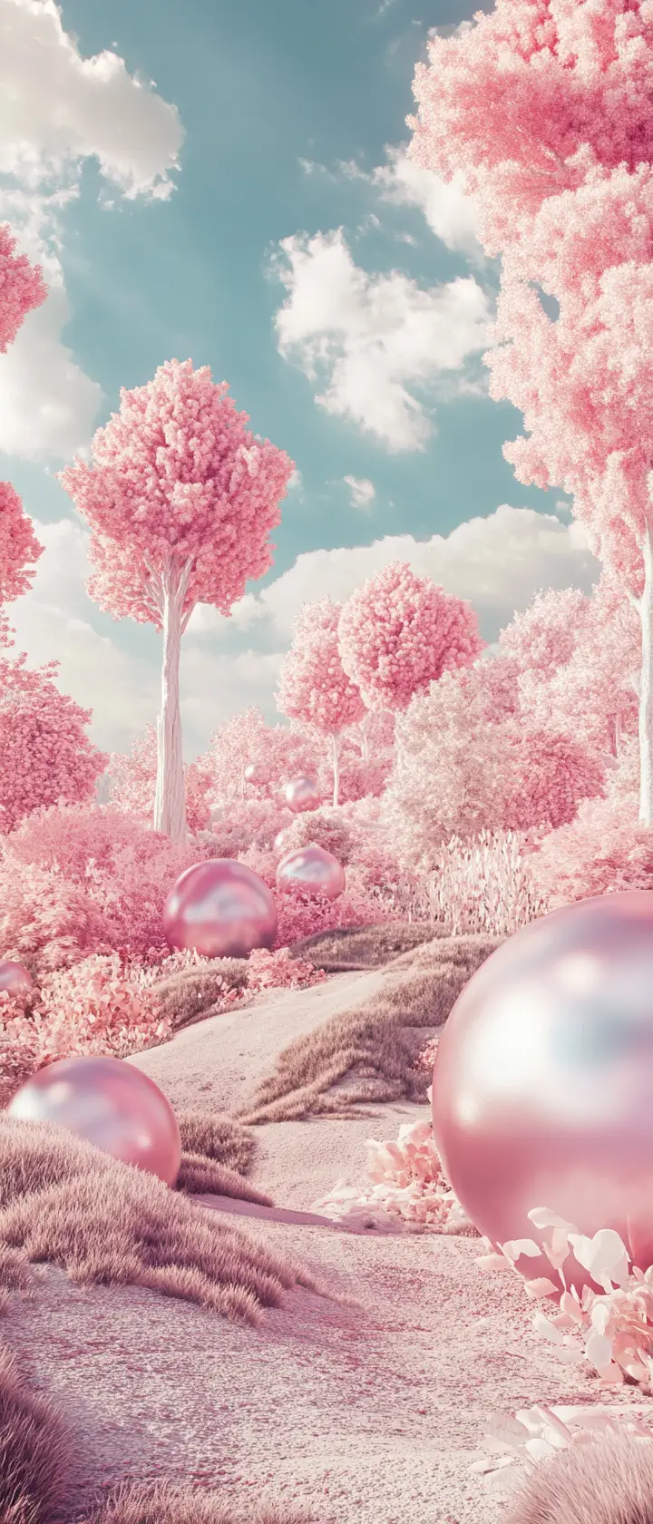 Cheerful surreal landscape in soft pastel metallic tones