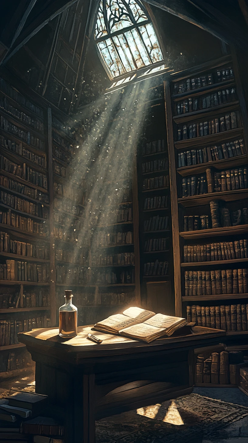 Estudo em biblioteca empoeirada com livro antigo sob holofote