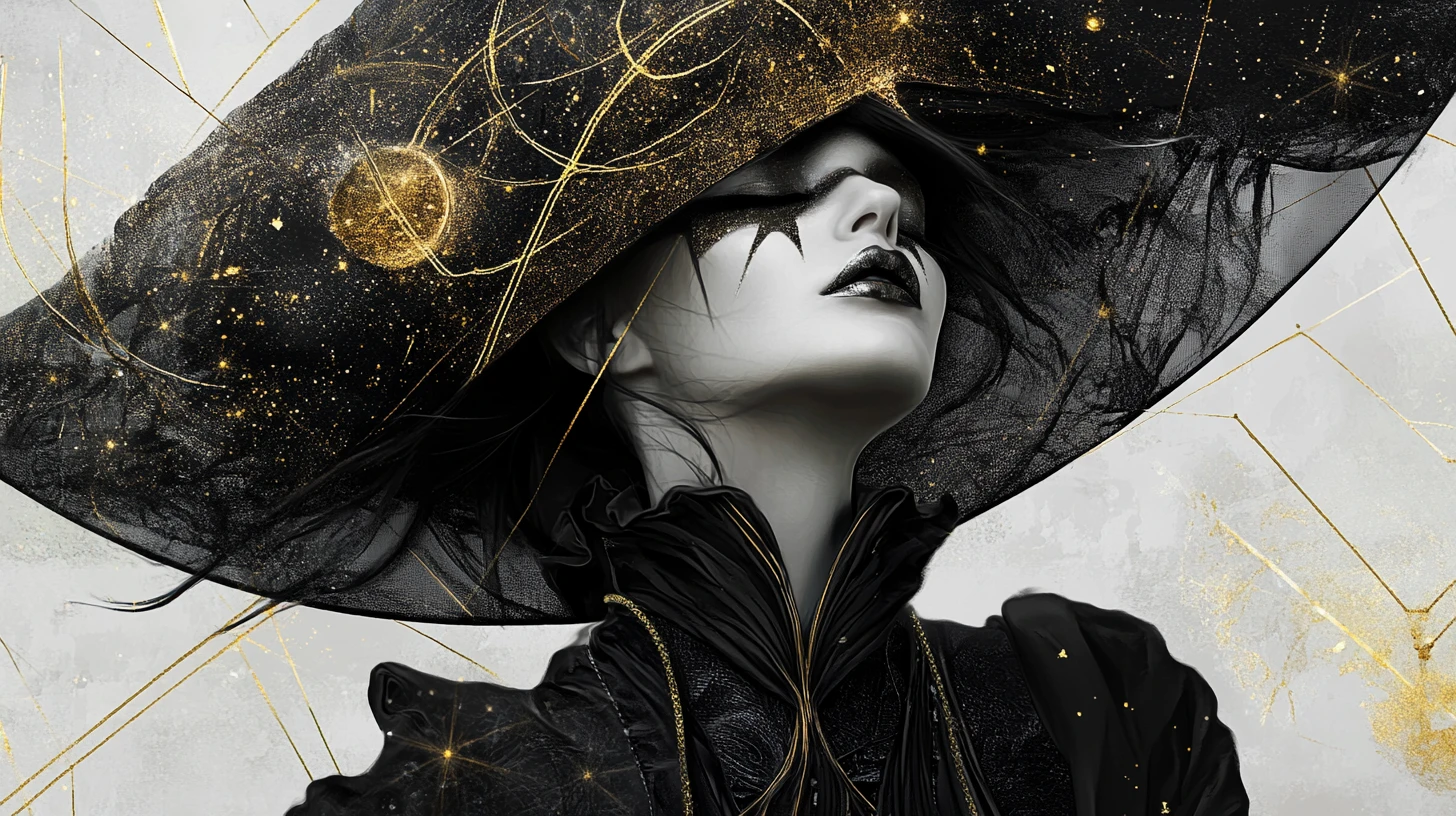 Strega stilizzata con ampio cappello celestiale stellato