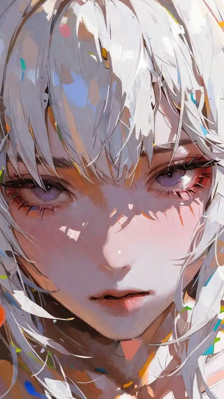 Ethereal anime girl with white hair and violet eyes