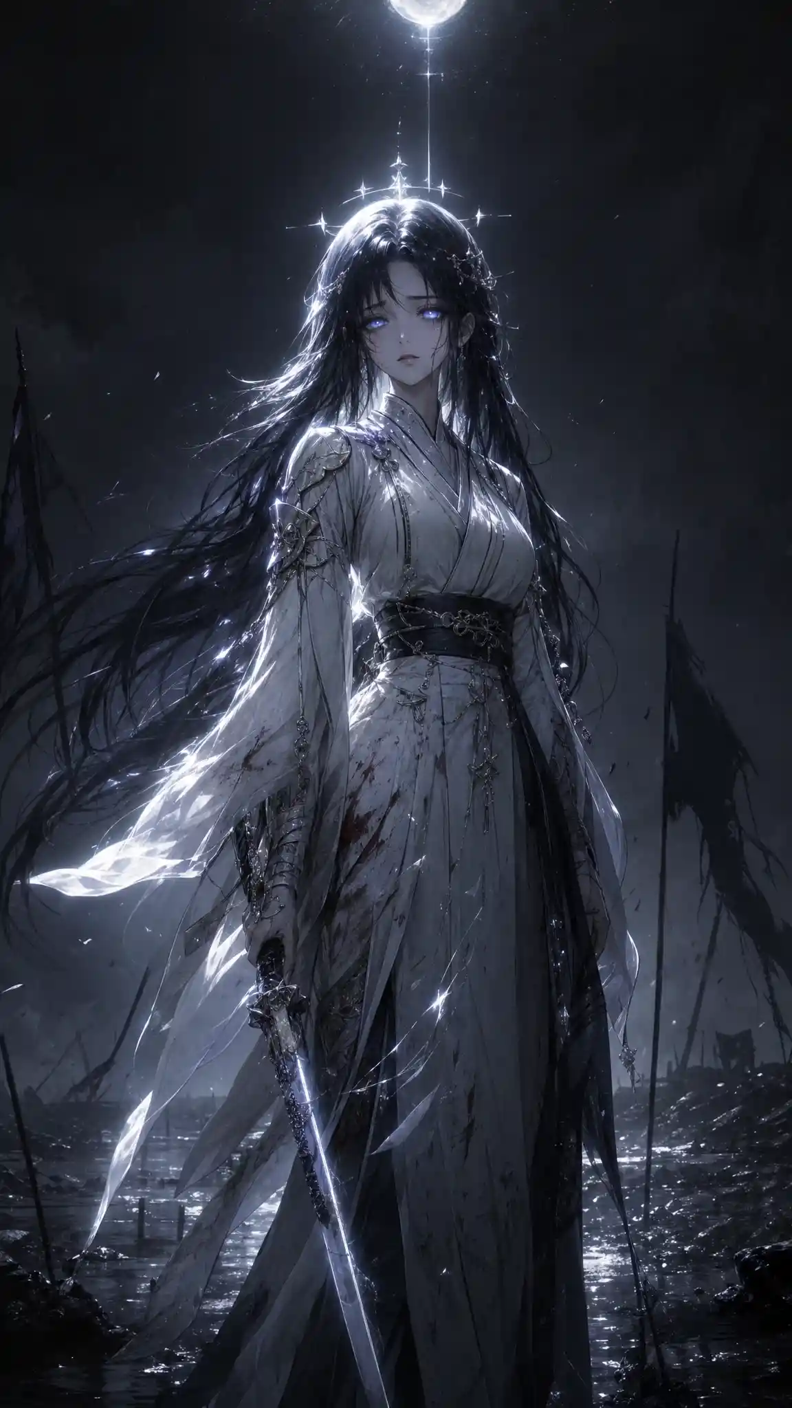 Sad 3D anime girl in glowing white armor robe
