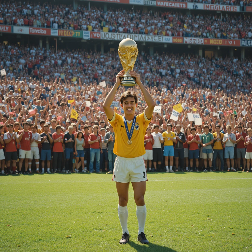 Fußballchampion hebt den Weltpokal vor jubelnden Fans in die Höhe