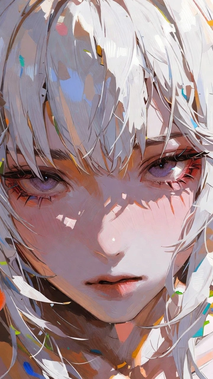 Garota de anime etérea com cabelo branco e olhos violeta