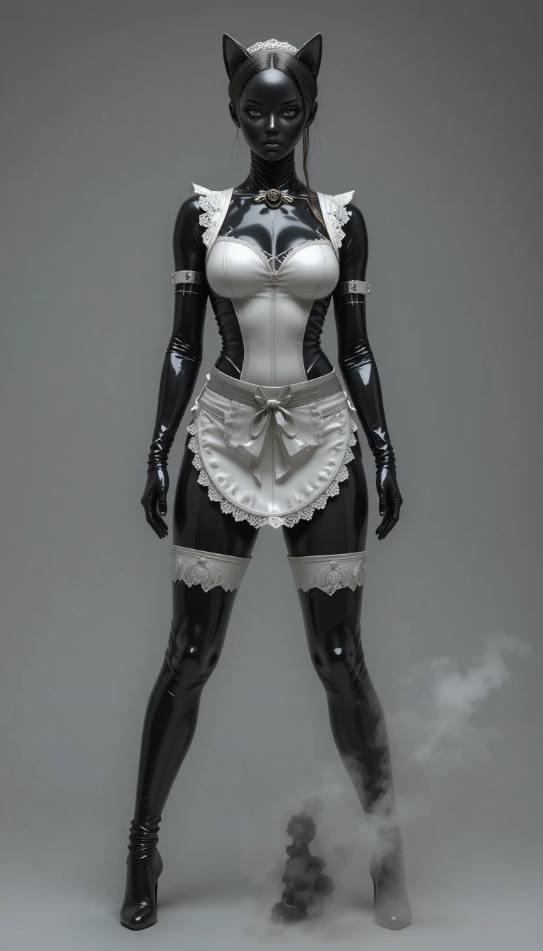 Figura androide in catsuit di lattice nero e uniforme da cameriera