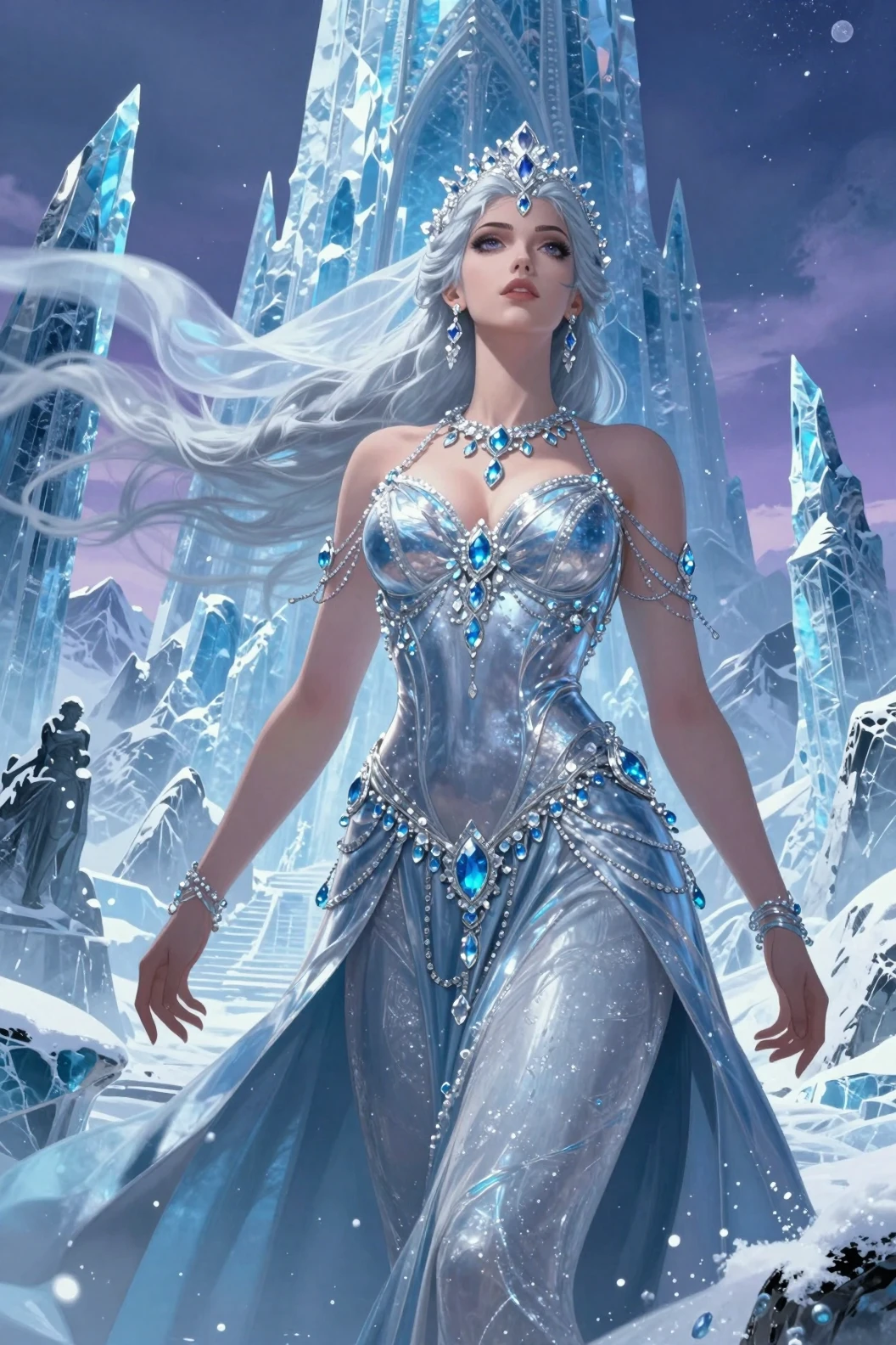 Reine de fantasy royale au‑dessus d’anciennes ruines de montagne gelées