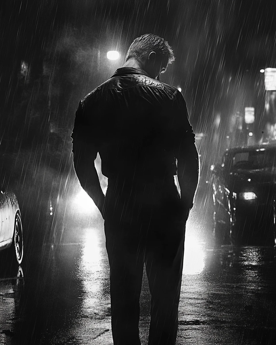 Hombre solitario bajo la lluvia en una calle vacía de la ciudad