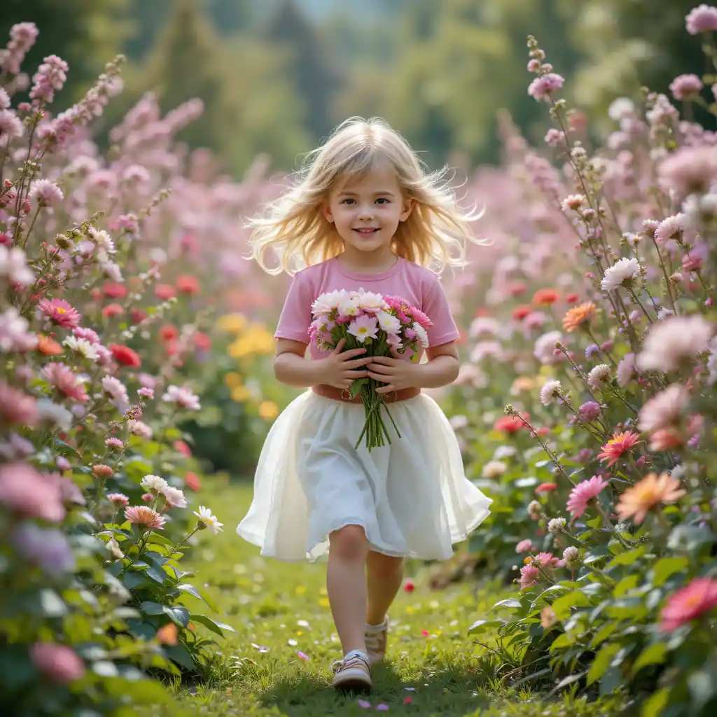 Young girl running through a magical flower garden