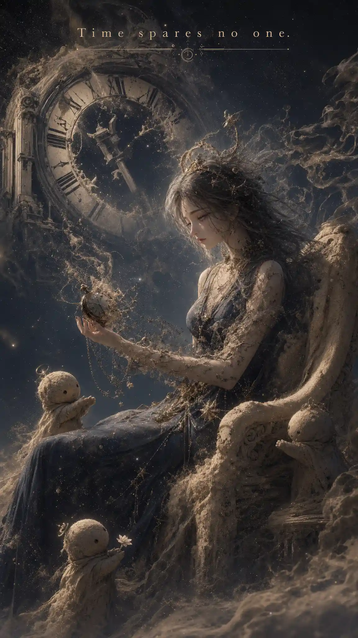 Young woman dissolving beside a fading cosmic clock