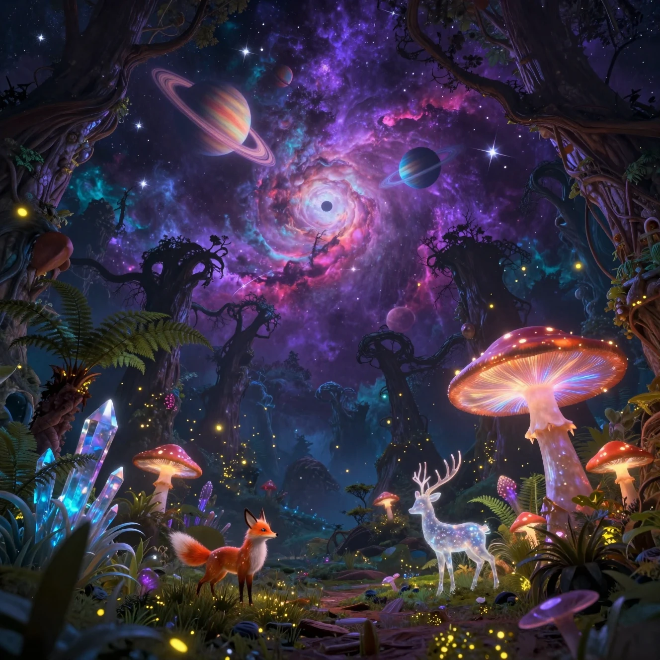 宇宙夜空下的魔幻森林地面景觀