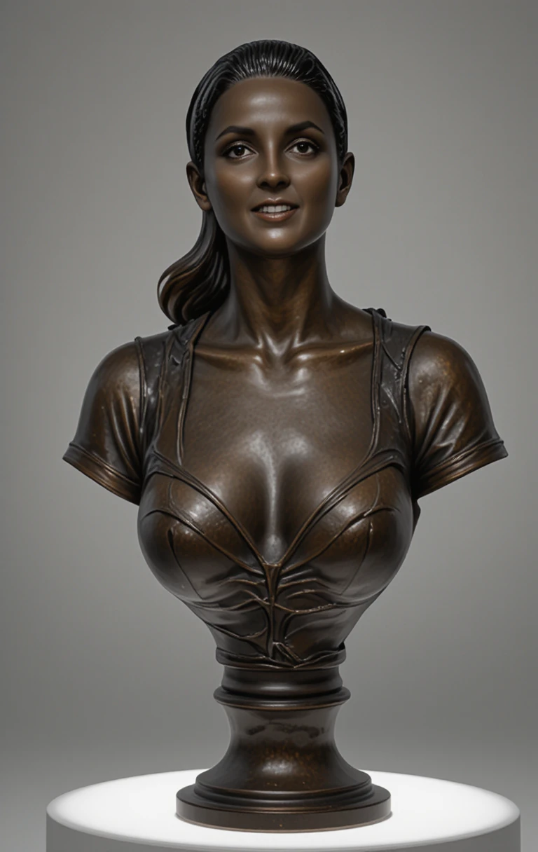 Busto in bronzo di una donna contemplativa sotto una drammatica luce da studio