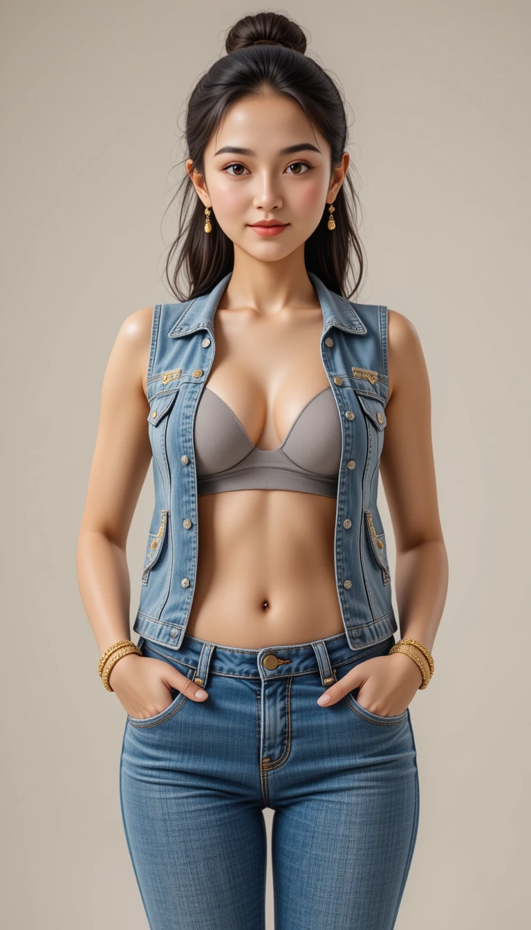 Smiling woman in open vest and jeans with gold bracelets