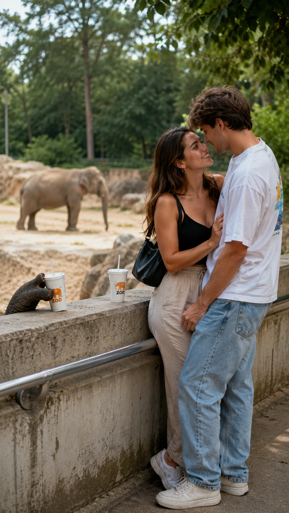 Elefante brincalhão rouba bebida atrás de um casal desatento