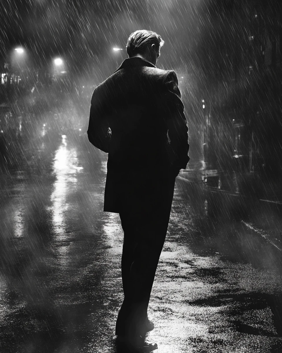 Hombre solitario de pie bajo la lluvia en una calle vacía de la ciudad