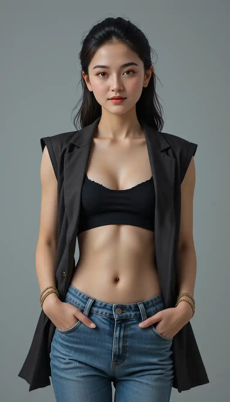 Smiling woman in open vest and jeans against light backdrop