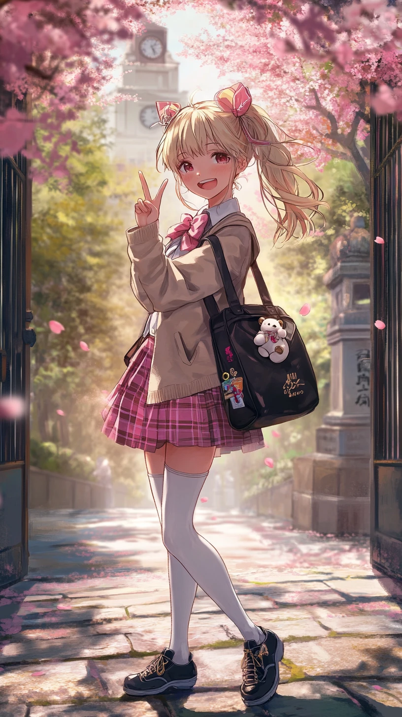 Allegra studentessa delle superiori in stile anime sotto i ciliegi in fiore