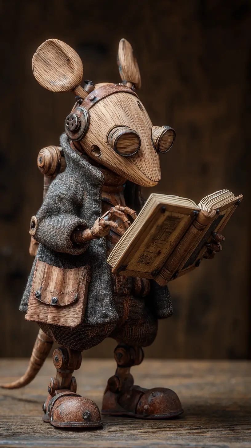 木製老鼠在魔幻場景中閱讀書本