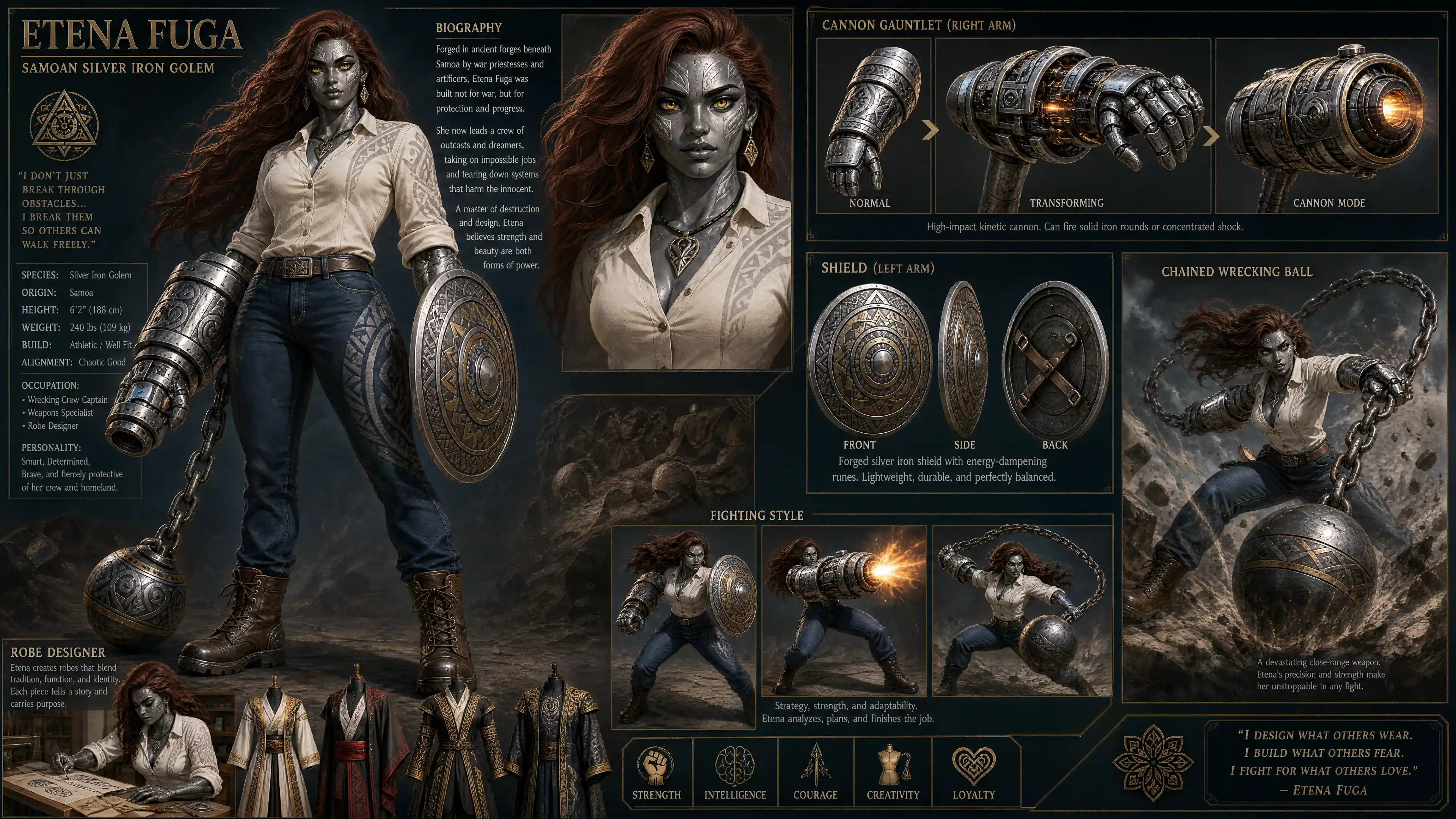 Golem donna fantasy determinata con palla da demolizione incatenata