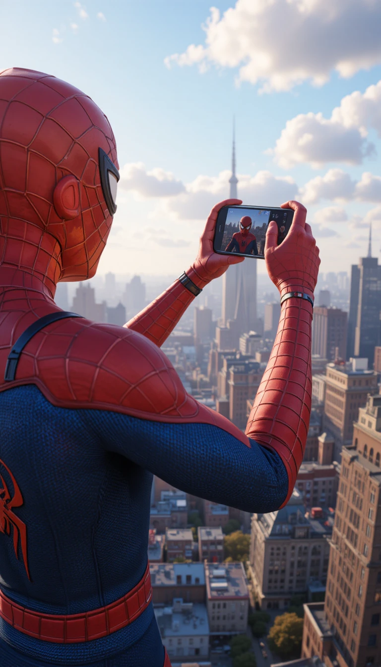Super-herói tirando foto com smartphone no horizonte brilhante da cidade
